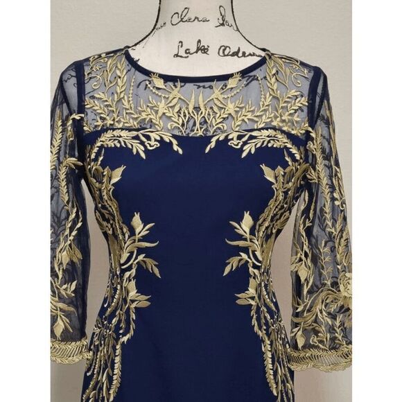 💙 NWT Blue Gold Floral Embroidered ¾ Mesh Sleeves Formal Sheath Dress SIZE 6 - Picture 10 of 15